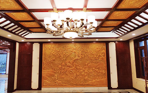 黄石港中式别墅客厅中式木作横梁吊顶装饰展示
