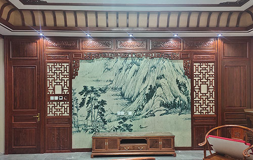 黄石港中式仿古别墅客厅背景墙花格木作装饰
